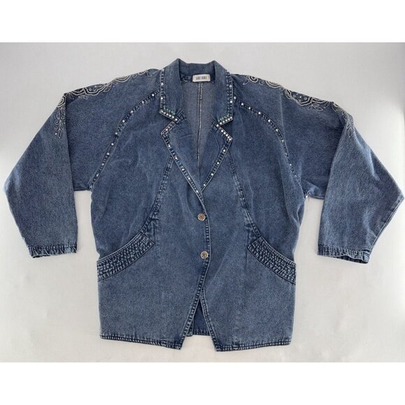 Vtg Side Roll Studded Embroidered Jacket Denim Studded Pocket Button One Sz Flaw - Picture 3 of 16